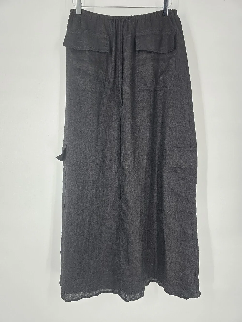 Dissh Linen Black Drawstring Midi Cargo Skirt Size 4
